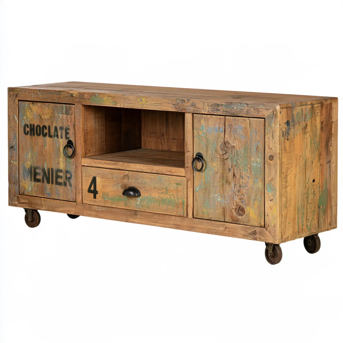 Reclaimed Wood TV Stand with Storage and Casters, 47.2 x 15.7 x 23.6 in, Multicolor Rectangular Media Console