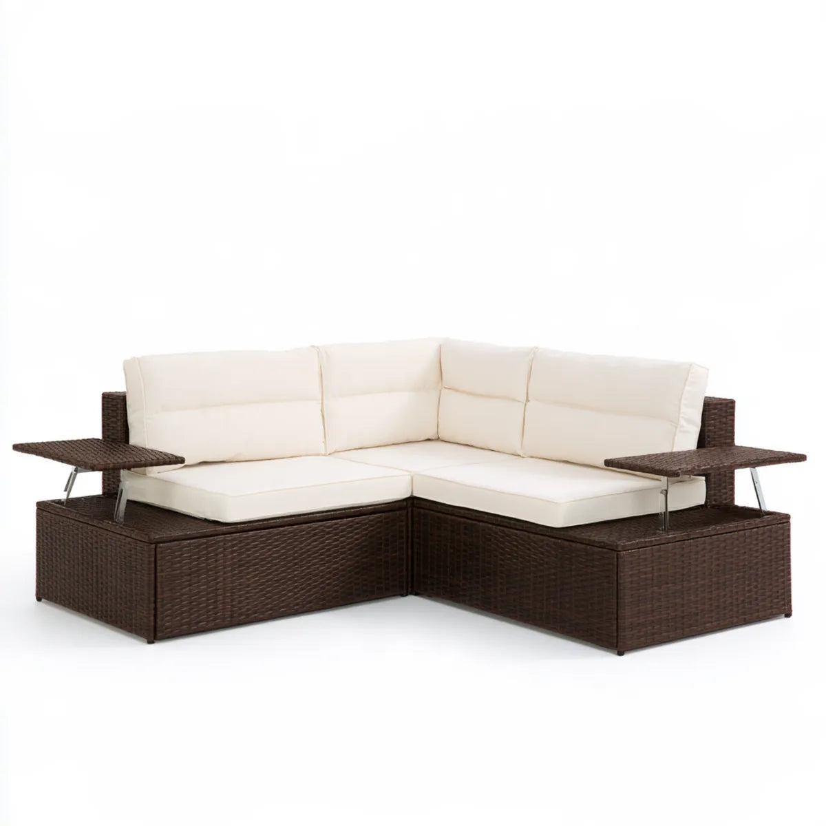4-Seat Outdoor PE Rattan Sectional Sofa with Lift-Up Side Tables, 218 x 63 x 71 cm, Brown and Cream