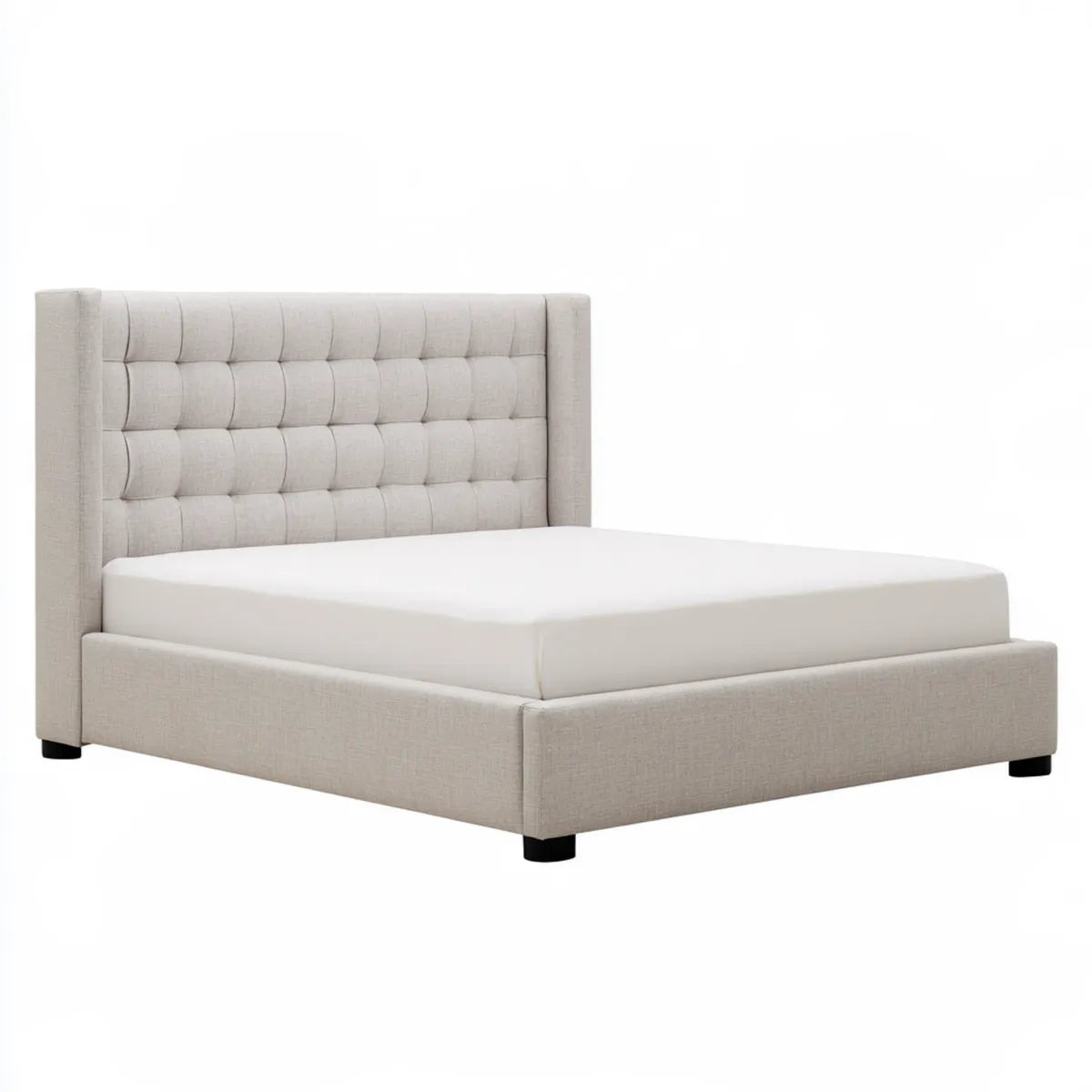 Queen Upholstered Platform Bed Frame, 86 x 66 x 52 in, Beige Polyester with Black Legs