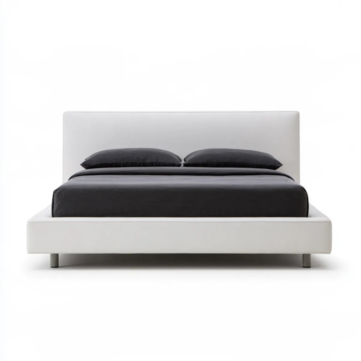 Queen Platform Bed Frame, 64 x 86 x 44 in, White Polyester Upholstery with Gray Steel Legs