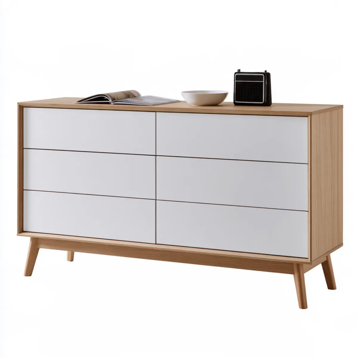 6-Drawer Engineered Wood Dresser, 47.2 W x 15.7 D x 29.5 H in, White and Natural Oak