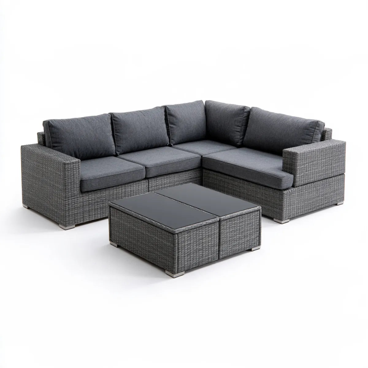 5-Piece Outdoor L-Shaped PE Rattan Sectional Sofa Set with 2 Tempered Glass-Top Tables, Gray, 236 x 177 x 65 cm
