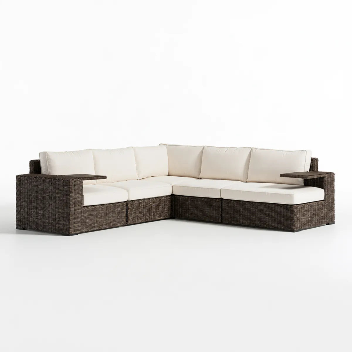 5-Seat Outdoor L-Shaped Sectional Sofa Set, Brown PE Rattan with Cream Polyester Cushions, 118.1 x 90.6 x 25.6 in