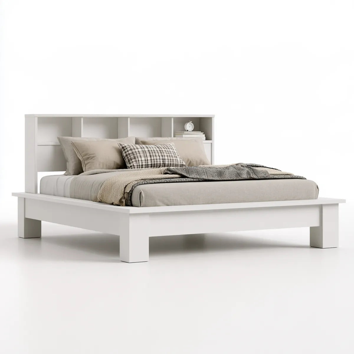 Queen Storage Platform Bed Frame with 5-Cubby Headboard, 63 x 83 x 44 in, White Engineered Wood