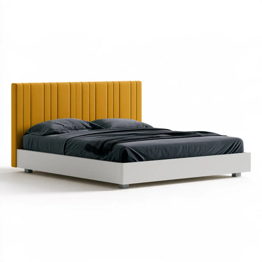 Queen Storage Bed Frame, 83 x 63 x 48 in, Mustard Yellow Polyester Velvet Upholstered Headboard, White MDF Platform Base