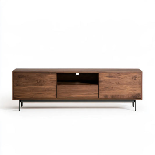 71 in Walnut Veneer MDF TV Stand Media Console with 2 Doors, Center Drawer, Open Shelf and Black Steel Legs