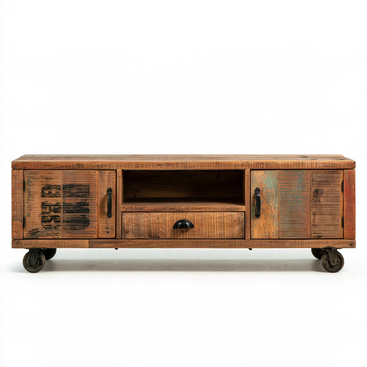 Industrial Solid Reclaimed Wood TV Stand with Storage and Wheels, 55.12 x 11.81 x 15.75 in, Brown