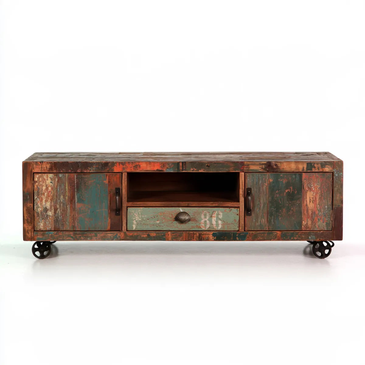 55 x 16 x 22 in Multicolor Reclaimed Solid Mango Wood TV Stand Media Console with Metal Casters
