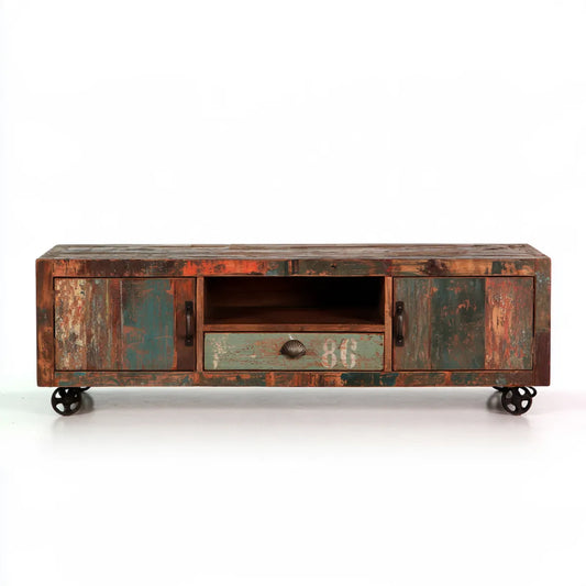 55 x 16 x 22 in Multicolor Reclaimed Solid Mango Wood TV Stand Media Console with Metal Casters