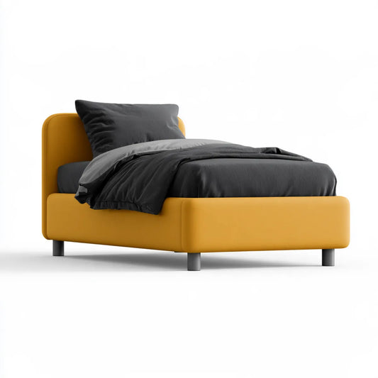 Full Upholstered Platform Bed Frame, 61 x 83 x 43 in, Mustard Yellow Polyester Velvet, Rounded Headboard