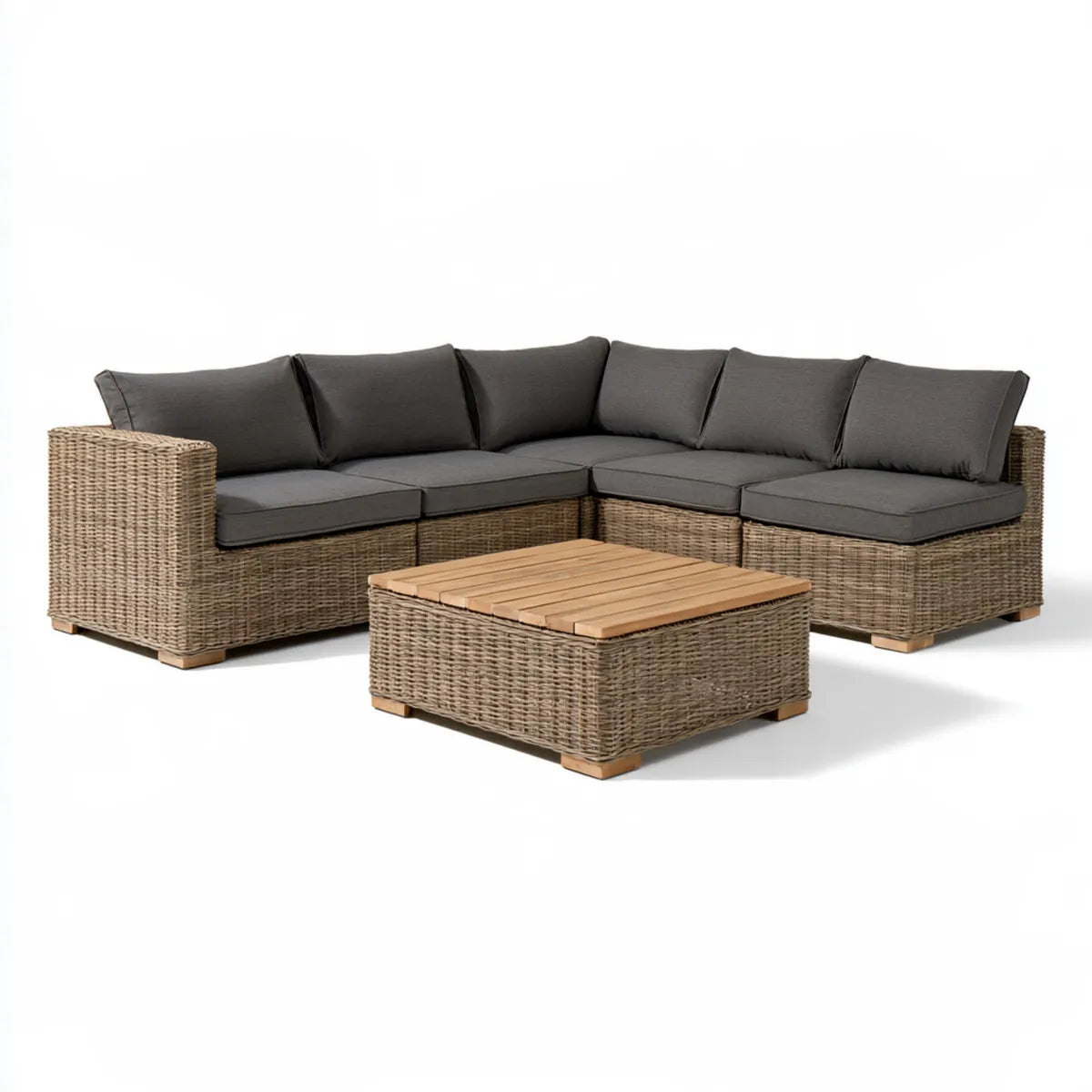 Outdoor 98 x 98 x 33 in L-Shaped Sectional Sofa Set, Brown PE Rattan with Dark Gray Polyester Cushions and Acacia Wood Coffee Table