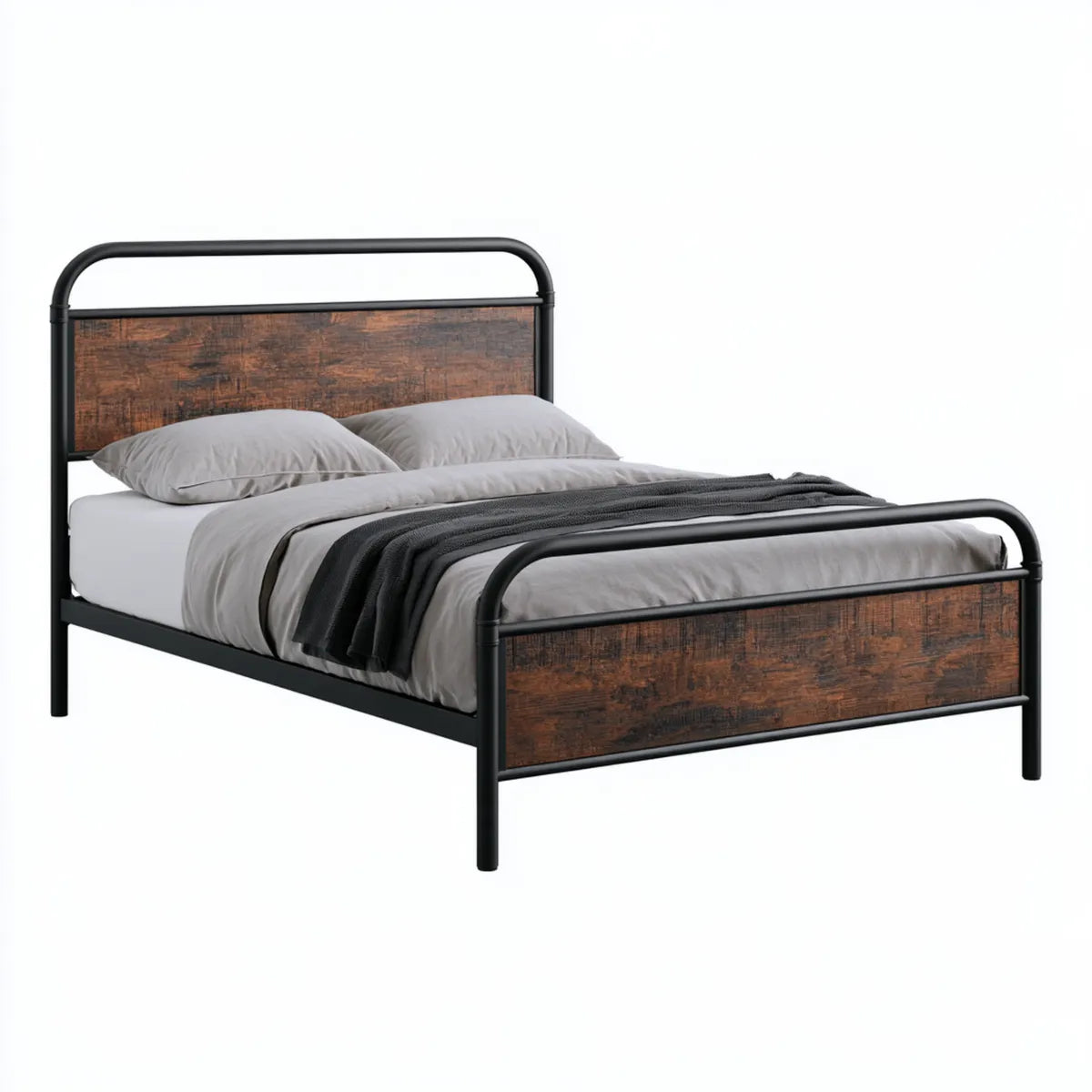 Queen Metal Platform Bed Frame with MDF Wood-Grain Panels, 83 x 62 x 40 in, Black/Rustic Brown