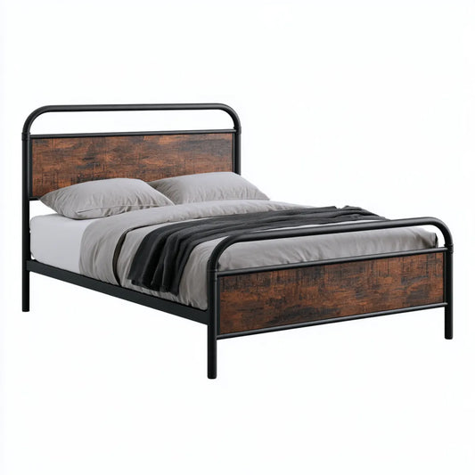 Queen Metal Platform Bed Frame with MDF Wood-Grain Panels, 83 x 62 x 40 in, Black/Rustic Brown