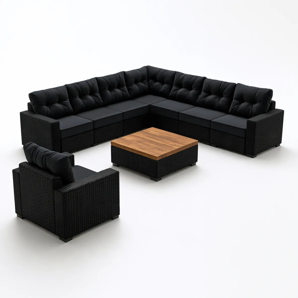 9-Piece Outdoor Patio Sectional Sofa Set, Black PE Rattan 7-Seat L-Shaped Sofa with Armchair and Acacia Wood Coffee Table, 112 x 112 x 33 in