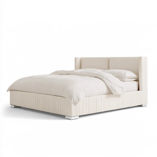 Queen PU Leather Upholstered Platform Bed Frame with Paneled Headboard, 65 x 86 x 50 in, Ivory