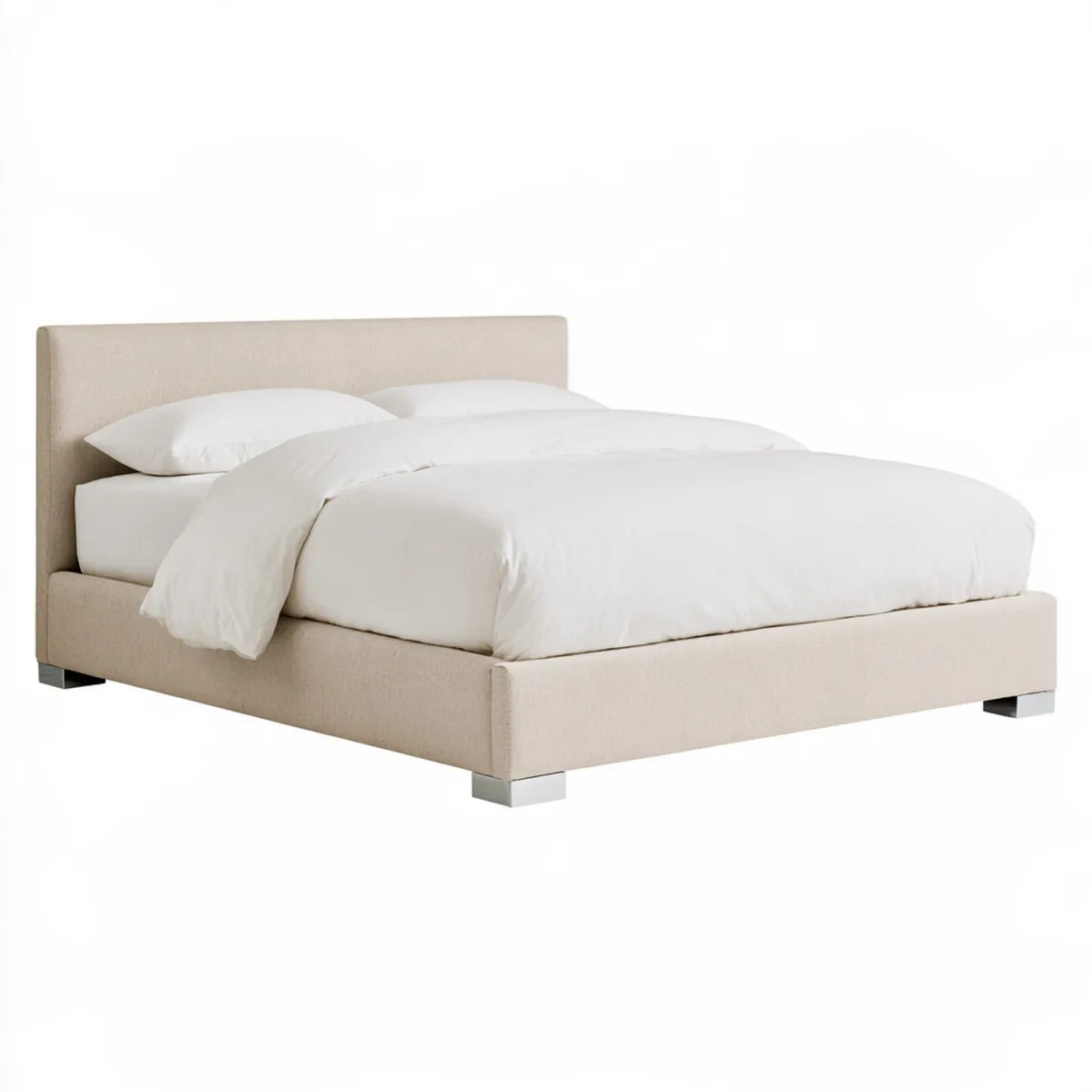 Queen Upholstered Platform Bed Frame, 64 x 85 x 47 in, Beige Polyester with Silver Metal Feet