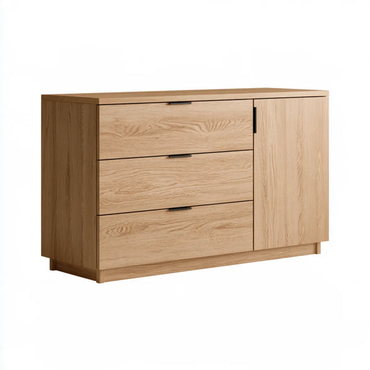 Wood Storage Dresser with 3 Drawers and Side Cabinet Door, 59.1 x 17.7 x 31.5 in, Natural Oak Veneer