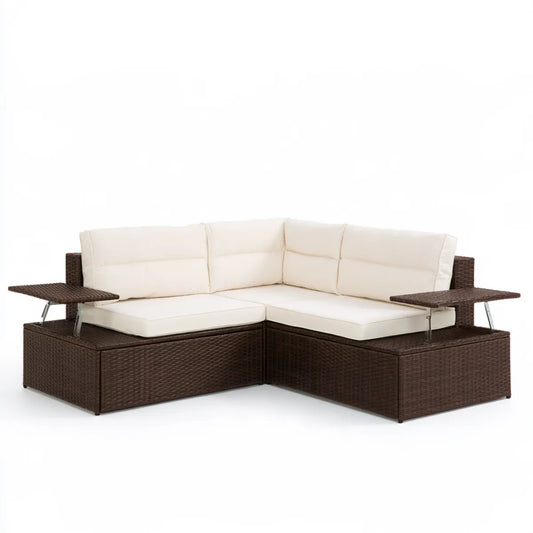4-Seat Outdoor PE Rattan Sectional Sofa with Lift-Up Side Tables, 218 x 63 x 71 cm, Brown and Cream