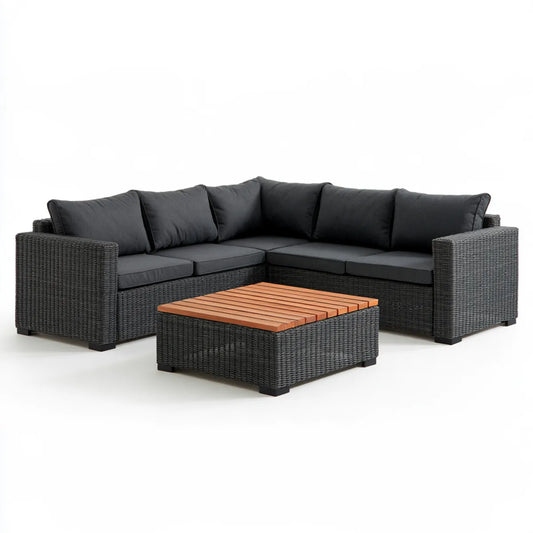 3-Piece Outdoor Sectional Sofa Set, Black PE Rattan with Acacia Wood Coffee Table, 84.6 x 84.6 x 24.8 in