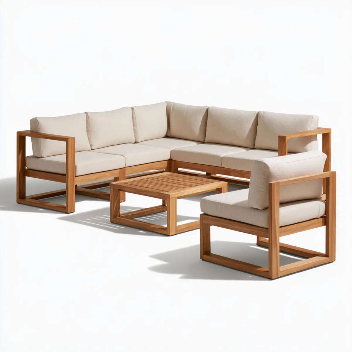 4-Piece Outdoor Patio Conversation Set with L-Shaped Sofa, Armchair and Coffee Table, 94.5 x 70.9 x 31.5 in, Natural Acacia Wood and Beige Polyester Cushions