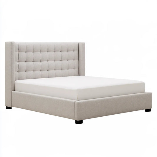 Queen Upholstered Platform Bed Frame, 86 x 66 x 52 in, Beige Polyester with Black Legs