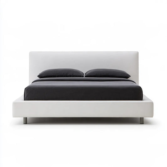 Queen Platform Bed Frame, 64 x 86 x 44 in, White Polyester Upholstery with Gray Steel Legs