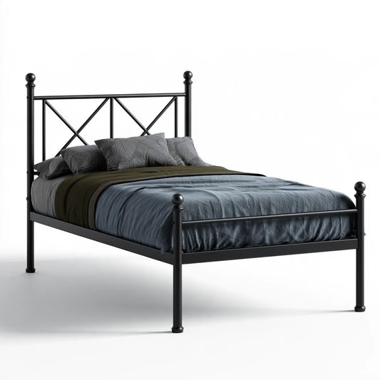 Queen Metal Bed Frame with Headboard and Footboard, 63 in W x 83 in L x 50 in H, Black