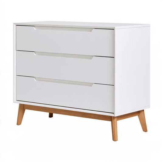 3-Drawer Dresser, 31.5 x 15.7 x 29.5 in White MDF Chest with Solid Rubberwood Legs