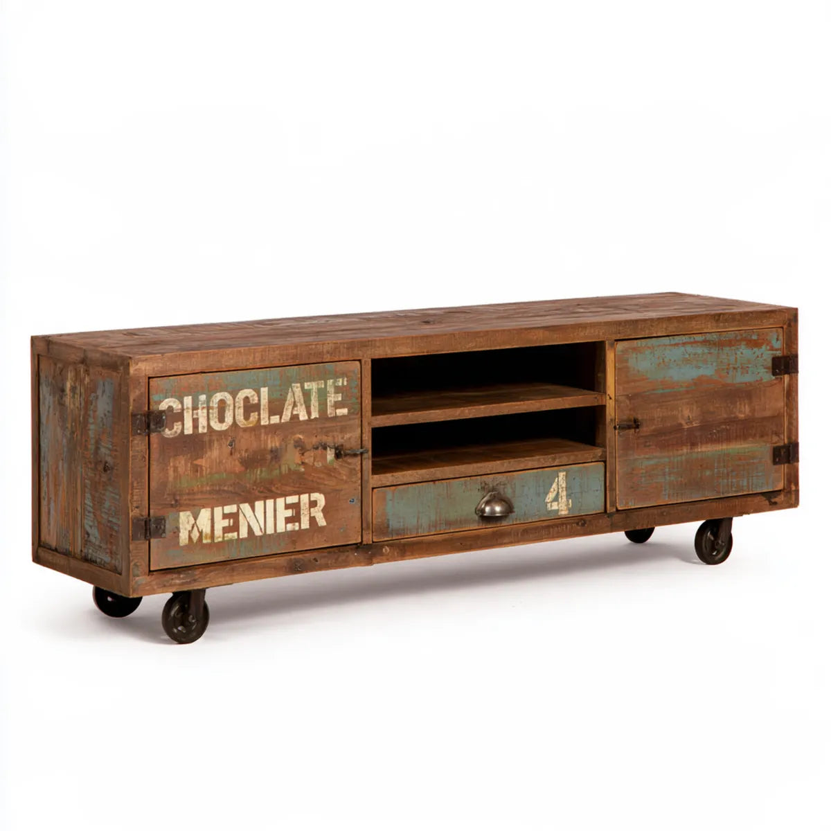 63 x 16 x 24 in Brown, Turquoise, Red and Cream Solid Reclaimed Wood TV Stand Media Console with Casters