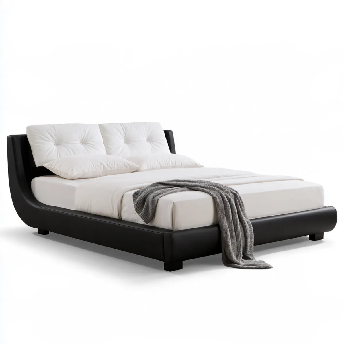 Black PU Leather Upholstered Queen Platform Bed Frame, 89 x 66 x 40 in, Curved Design