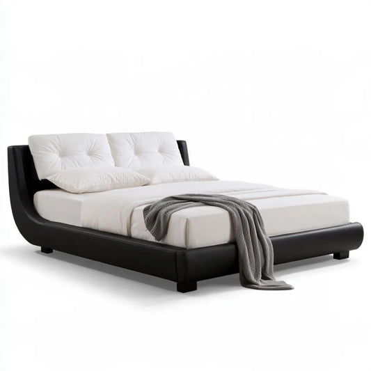 Black PU Leather Upholstered Queen Platform Bed Frame, 89 x 66 x 40 in, Curved Design