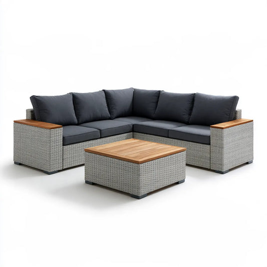 Outdoor 4-Piece L-Shaped Sectional Sofa Set with Coffee Table, 220 x 220 cm, Gray PE Rattan and Acacia Wood