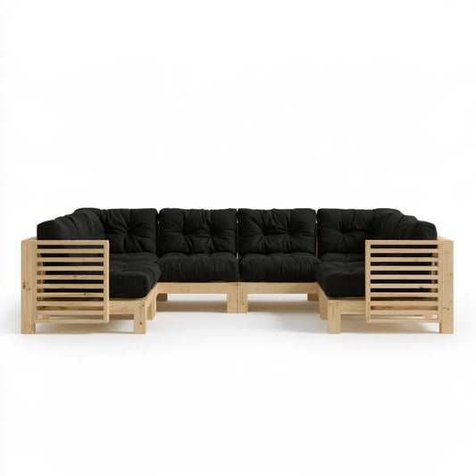 4-Seat Outdoor Sectional Sofa Set, 100 in W x 25 in D x 24.6 in H, Black Polyester Cushions, Solid Pine Wood, Natural