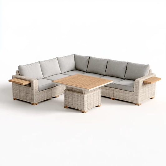 Outdoor PE Rattan 5-Seat Corner Sectional Sofa Set with Acacia Wood Coffee Table, Light Gray/Natural Brown, 102 x 102 x 30 in