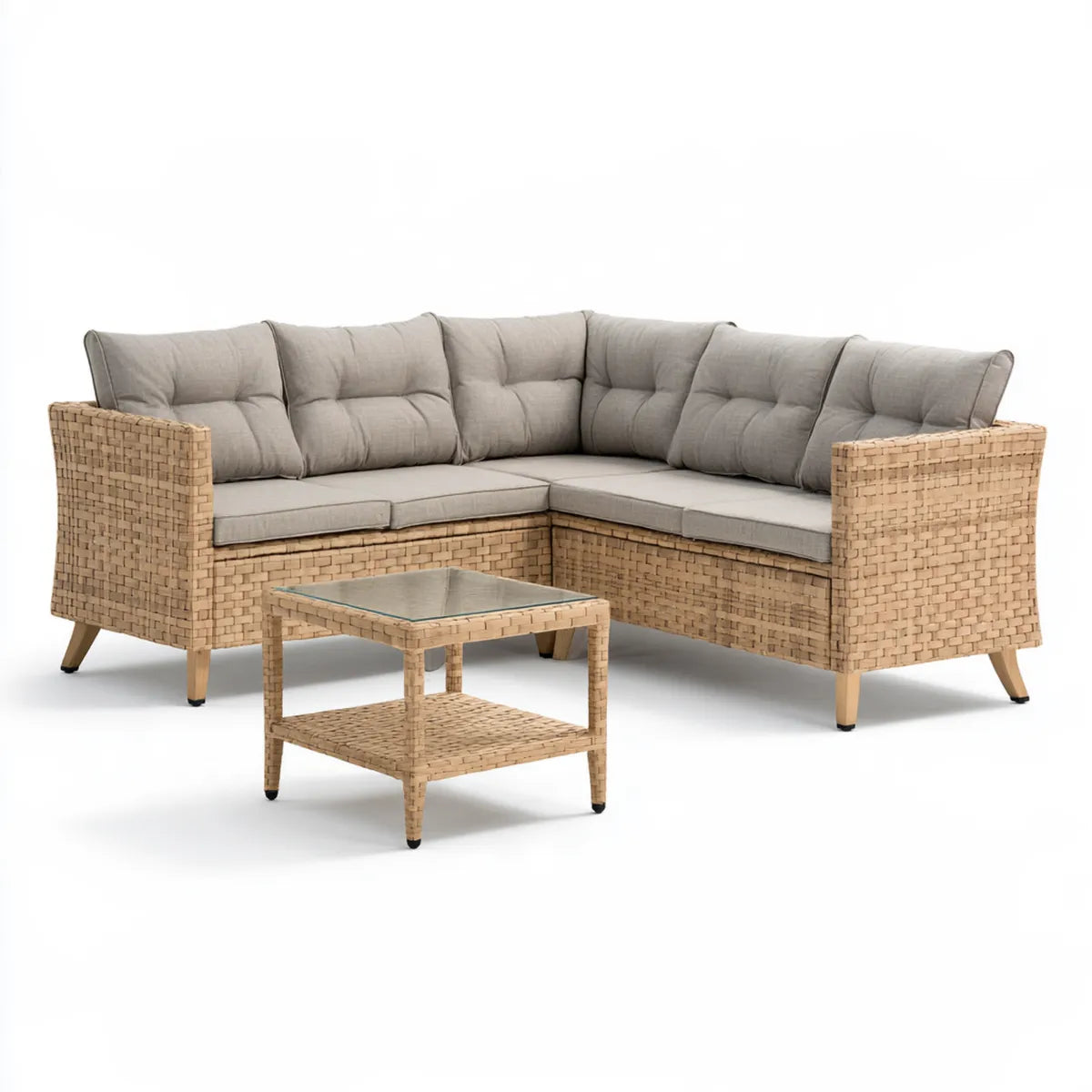 3-Piece Outdoor Wicker Sectional Sofa Set with Coffee Table, Beige PE Rattan and Light Gray Cushions, 83.5 x 83.5 x 27.6 in