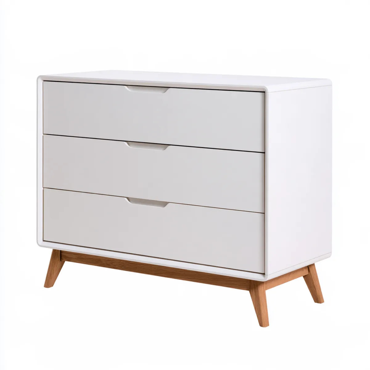 3-Drawer White Engineered Wood Dresser with Rubberwood Legs, 47.2 x 15.7 x 31.5 in