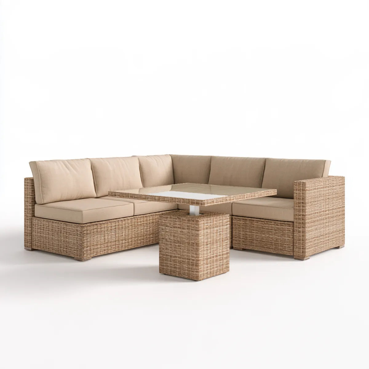 5-Piece Outdoor Wicker L-Shaped Sectional Sofa Set with Lift-Top Table and Ottoman, Beige, 76 x 76 x 26 in