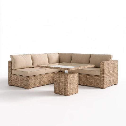 5-Piece Outdoor Wicker L-Shaped Sectional Sofa Set with Lift-Top Table and Ottoman, Beige, 76 x 76 x 26 in