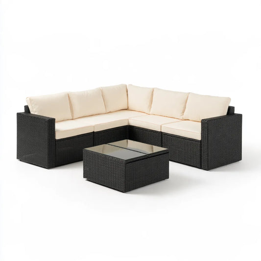 4-Piece Outdoor Patio L-Shaped Sectional Sofa Set with Coffee Table, 82.7 x 82.7 x 25.6 in, Black PE Rattan and Beige Cushions