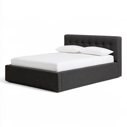 Queen Storage Bed Frame, 64 x 85 x 46 in, Dark Gray Polyester Upholstered Platform Bed with Tufted Headboard