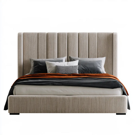 Queen Beige Polyester Upholstered Storage Bed with Channel-Tufted Headboard, 64 in W x 86 in L x 56 in H